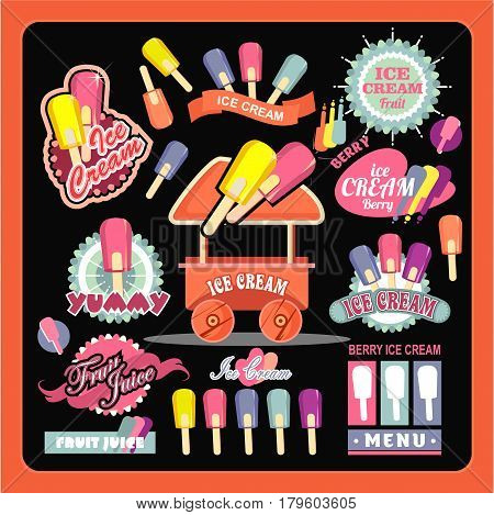 Vector emblems ice cream badges signs for shopping tents stores design elements on a black background in a flat -flette style