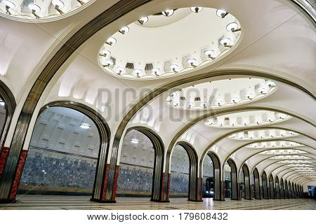 MOSCOW - MAY 17, 2012: The metro station Mayakovskaya in Moscow. Metro station Mayakovskaya is a beautiful monument of the Soviet era.