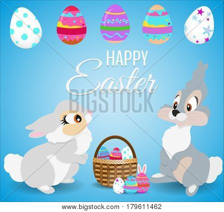Greeting card with white Easter rabbits and colored eggs. Funny bunnyes in flat style. Easter Bunnyes. Spring holiday.