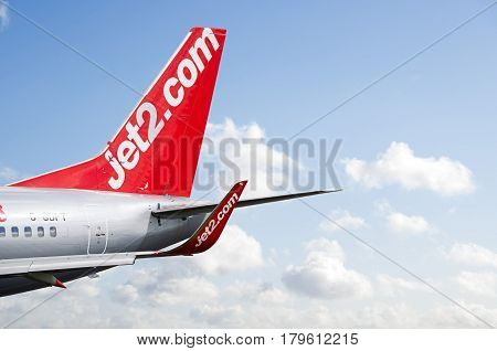 Manchester Airport, United Kingdom - April 30, 2016: Jet2 aircraft moments after arrival.