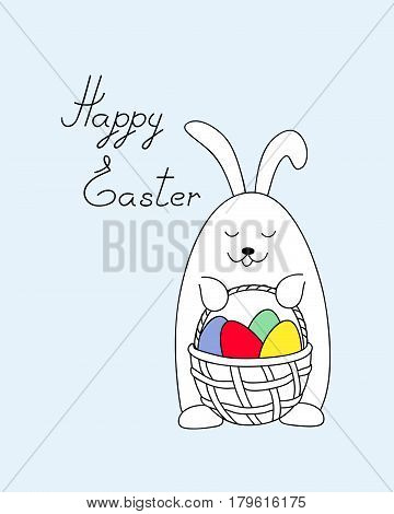 Easter bunny holding a basket with easter eggs and handwritten headline "Happy Easter". Illustration for greeting and invitation easter card print for decorate. eps 10