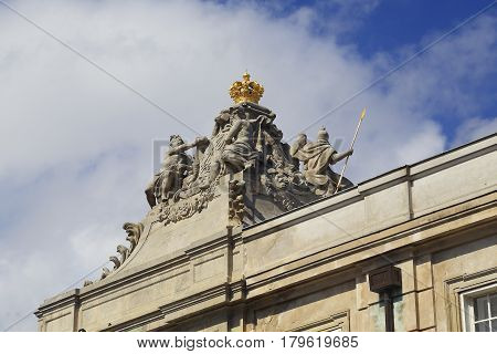 COPENHAGEN, DENMARK - JUNE 29, 2016: This is a sculptural group above the entrance gate of the Castle Christianborg.