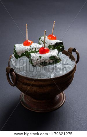 ready to eat Indian Sweet Masala Meetha Paan or Kolkata Meetha pan after lunch or dinner party