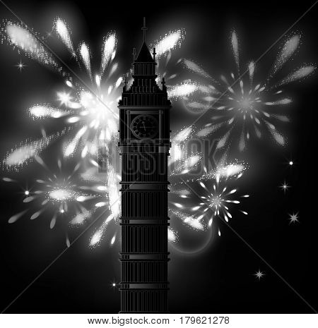 Big Ben vector contur. England or Londonbackground with fireworks