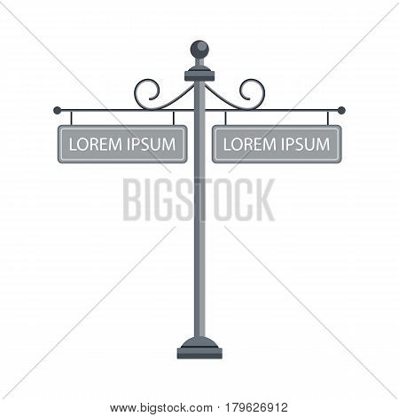 Retro graphic forged vector signboard. Street banner roadsign. Location direction guidepost. Information pointer illustration. Vintage graphic blank board. Adress sign