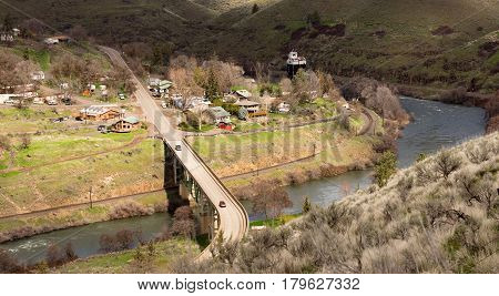 Maupin Oregon Downtown Aerial View Deschutes River Highway 197