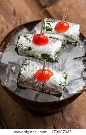 ready to eat Indian Sweet Masala Meetha Paan or Kolkata Meetha pan after lunch or dinner party