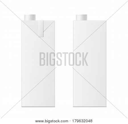 Vector 3d mock up of milk or juice box on white background. Realistic carton one liter package with cap isolated. Template for your design. Front view.