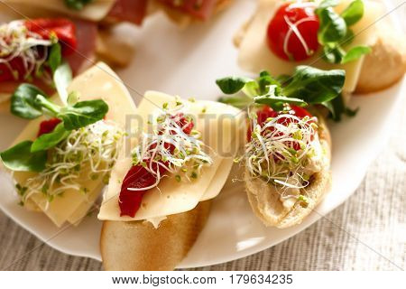 Sandwiches: White Bread With Ham, Yellow Cheese, Fresh Small Cherry Tomatoes And Green Healthy Shoot