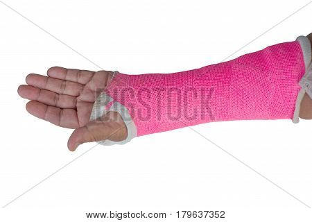 arm splint in plaster cast isolated on white background