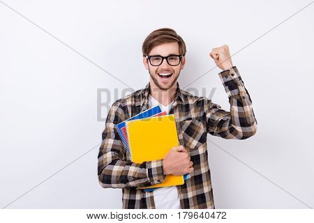 Yes! Happy Handsome Student In Spectacles Having An Exelent Mark For Exam.