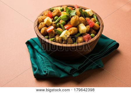 Soya chunks 65 or soya chunk fry is a healthy snack, easy to cook, protein rich, vegetarian dish ideal for starters. popular indian food. selective focus