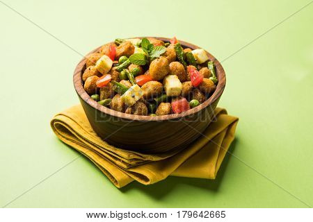 Soya chunks 65 or soya chunk fry is a healthy snack, easy to cook, protein rich, vegetarian dish ideal for starters. popular indian food. selective focus