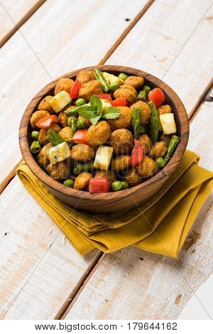 Soya chunks 65 or soya chunk fry is a healthy snack, easy to cook, protein rich, vegetarian dish ideal for starters. popular indian food. selective focus
