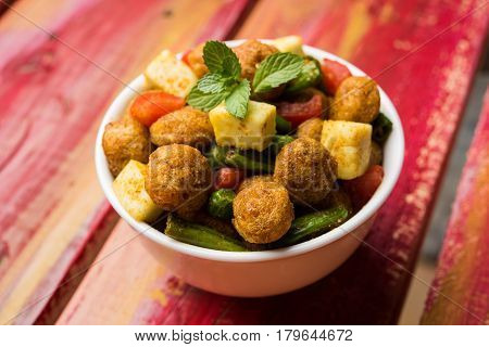 Soya chunks 65 or soya chunk fry is a healthy snack, easy to cook, protein rich, vegetarian dish ideal for starters. popular indian food. selective focus