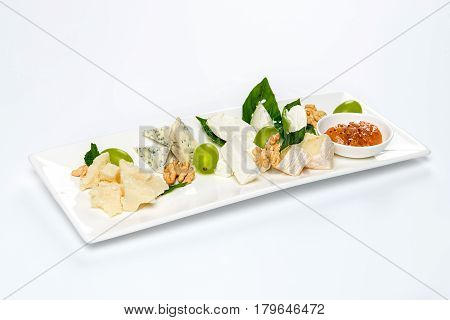 Various cheese type dish served luxery. Close-up, white background, isolated.