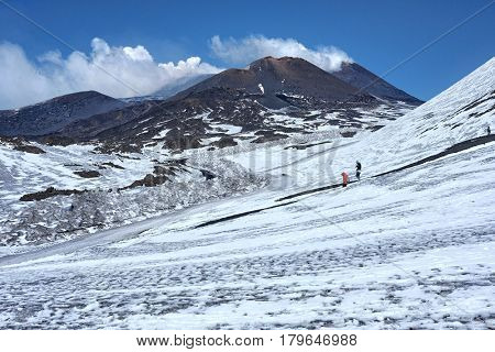 white smoke from Southeast Craters in winter Etna Park, Sicily