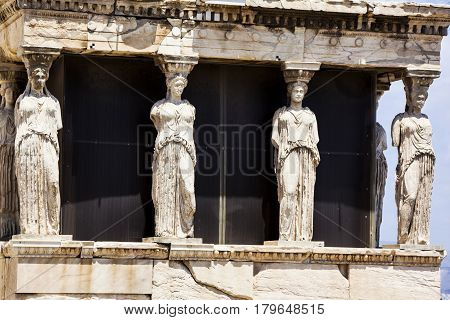 The Doric Temple Parthenon At Acropolis Hill. Athens, Greece. Detail On Statues.