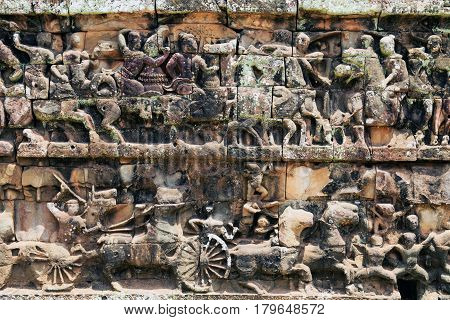 Stone Carving In Terrace Of The Elephants, Angkor Thom, Siemreap