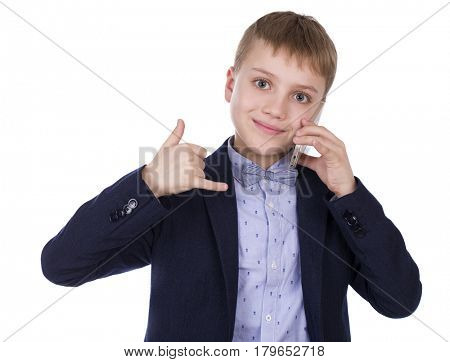 Sign Call me. Pretty blonde little boy, isolated on white background