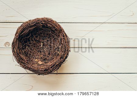 Blank nest on wood background with space