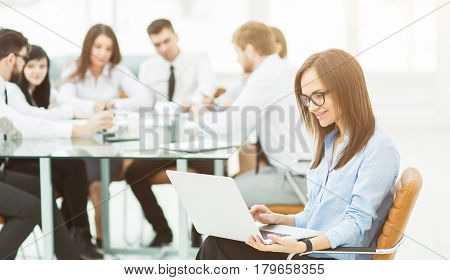 leading lawyer of the company on background, business meeting business partners. the photo has a empty space for your text.