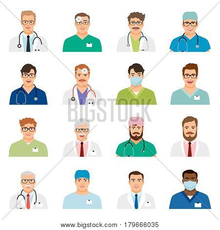 Doctor profile heads vector illustration. Medicine physician men face portrait icons isolated on white background