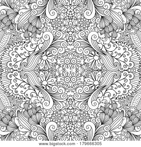 Symmetric ethnic outline black and white ornamental pattern with flowers and swirls. Vector illustration