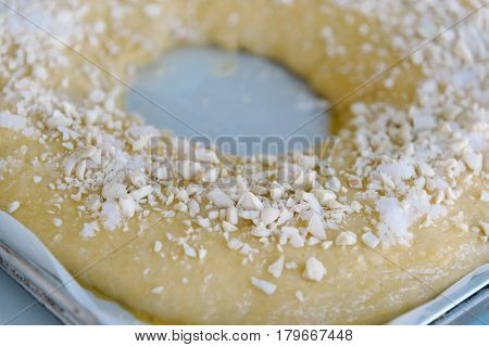 Close Up Of making of sweet bread ringed dessert On oven plate. Called roscon is typical in spanish cuisine. Horizontal composition