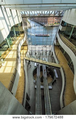 COPENHAGEN DENMARK - June 15: Interior of the Royal Library also known as The Black Diamond in Copenhagen Denmark in 2012