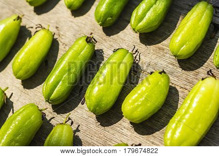 Bilimbi fruits on wooden table background Oxalidaceae.