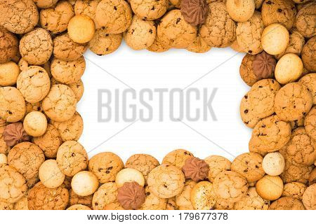 Cookies frame background isoltaed on white. Oatmeal, chocolated drops biscuits and other sweets border