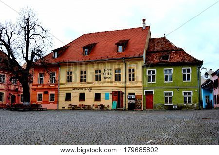 Typical medieval houses. Urban landscape in the downtown of the medieval city Sighisoara, Transylvania