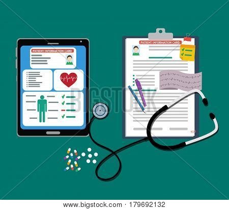Paper and tablet patient cards with documents, stethoscope, pills, pen. patient card.