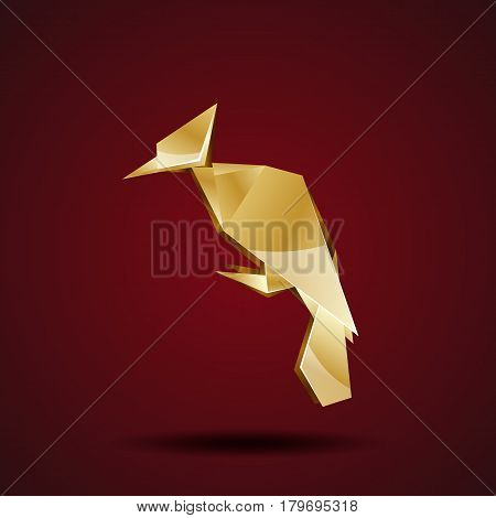 Vector golden origami woodpecker. Polygonal bird logo template.