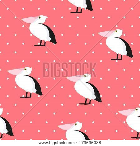 Seamless pattern polka dot with pelican. Ornament for textile and wrapping. Vector background.
