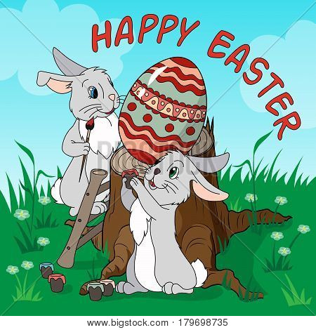 Colorful Happy Easter greeting card with bunny and eggs. Cute Happy Easter greeting card. Easter Bunny with Easter eggs on scenic landscape background.