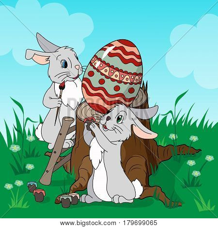 Colorful Happy Easter greeting card with bunny and eggs. Cute Happy Easter greeting card. Easter Bunny with Easter eggs on scenic landscape background.