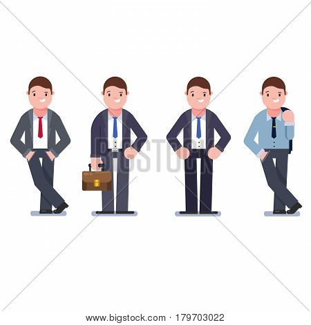 Set of business people isolated on white. Collection of men, dressed in business style. Business men smile. Formal suit, tie, different poses of man. Vector cartoon style.