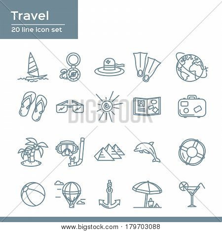 Summer travel 20 line icons set. Vector icon graphic for Beach Vacation: compass, sailboat, hat, flippers, earth, flip flops, sunglasses, sunshine, passport, suitcase, palm trees, the mask of a scuba diver, pyramid, Dolphin, buoy ball, anchor, umbrella, c