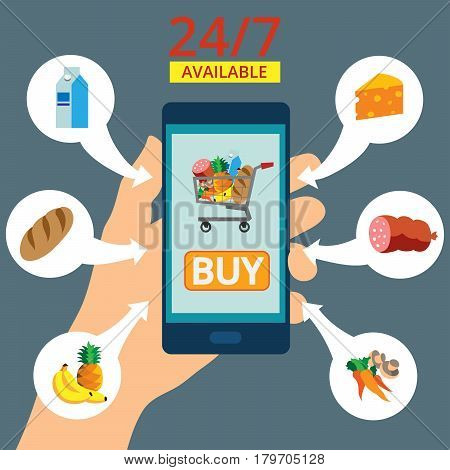 Hand holding smartphone with basket on the screen. Purchases are available 24 hours. Order food online. Flat vector illustration.
