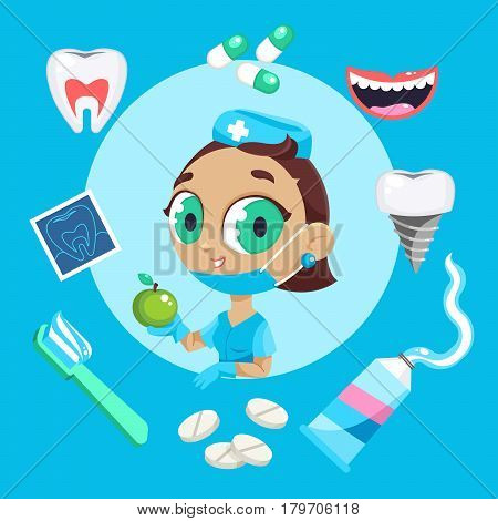 Dental care symbols. Teeth dental care mouth health set with inspection dentist treatment. Dentist with different dental equipment isolated. Profession background vector illustration