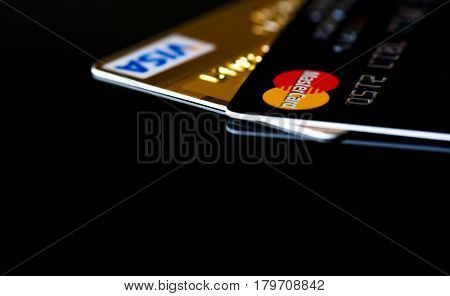 Estonia, Tallinn, March 23, 2017. Plastic card VISA, Mastercard. Selective focus