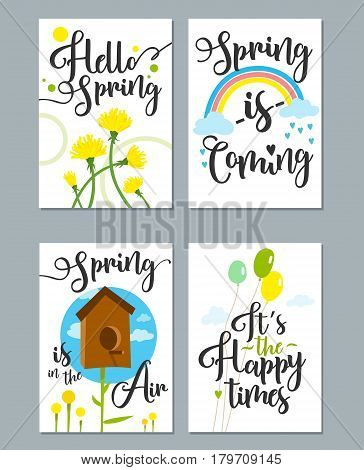 Spring card set with spring quotes, calligraphy, flowers, balloons. Perfect for greeting cards, sale badges, scrapbook, poster, cover, tag, invitation, vector illustration.