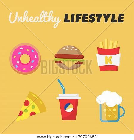 Unhealthy Lifestyle. Concept of unhealthy lifestyle. Donut, beer, fries, Burger, pizza, soda. Vector illustration