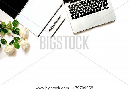 Modern minimalistic work place. White office desk table with laptop keyboard, pen, office plant. Top view with copy space, flat lay