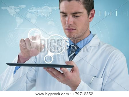 Digital composite of Man in lab coat with tablet and white interface against blue background with interface