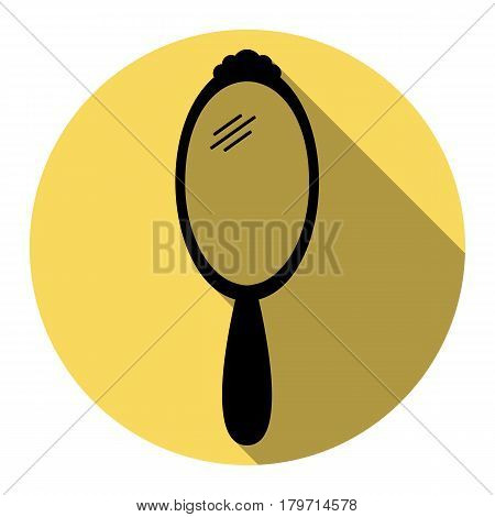 Hand Mirror sign. Vector. Flat black icon with flat shadow on royal yellow circle with white background. Isolated.