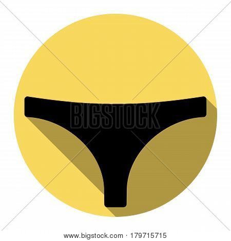 Womens panties sign. Vector. Flat black icon with flat shadow on royal yellow circle with white background. Isolated.