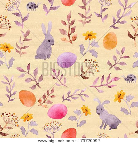 Easter bunny with colored eggs in grass and flowers. Seamless floral easter pattern. Watercolor